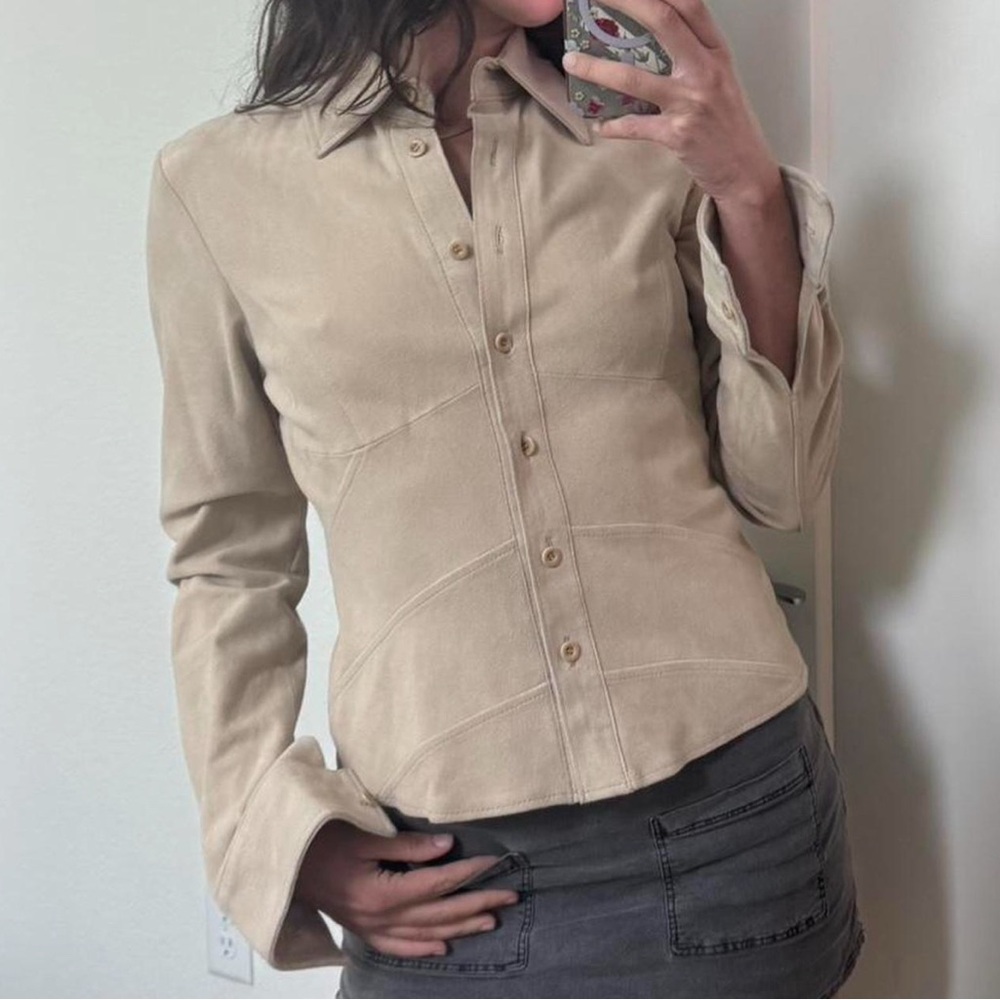 Ideology Beige Suede Button-Down Shirt